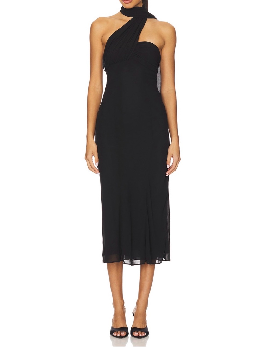 Lovers + Friends Black One-Shoulder Midi Dress with Draped Neck